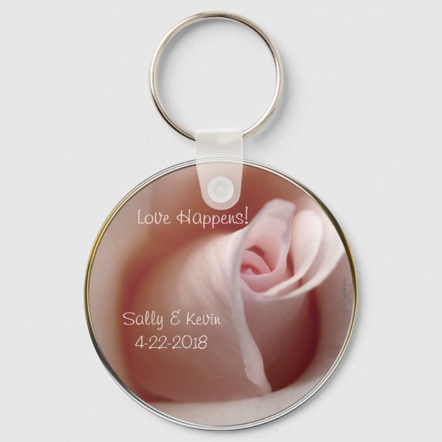 Love Happens Pink Rose Wedding Favour Keychain (Front)