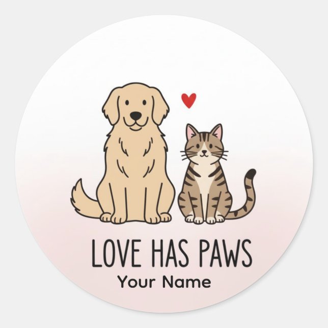 Love Has Paws | Cute Minimalist Dog and Cat Illust Classic Round Sticker (Front)