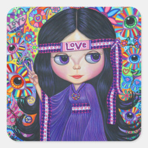 Love Headband Hippie Girl Doll Psychedelic Purple Square Sticker