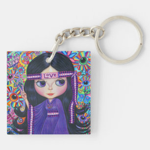 Love Headband Hippie Girl Doll Purple Psychedelic Key Ring