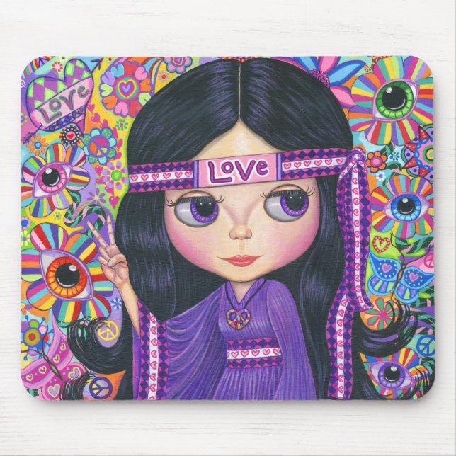 Love Headband Hippie Girl Doll Purple Psychedelic Mouse Pad (Front)