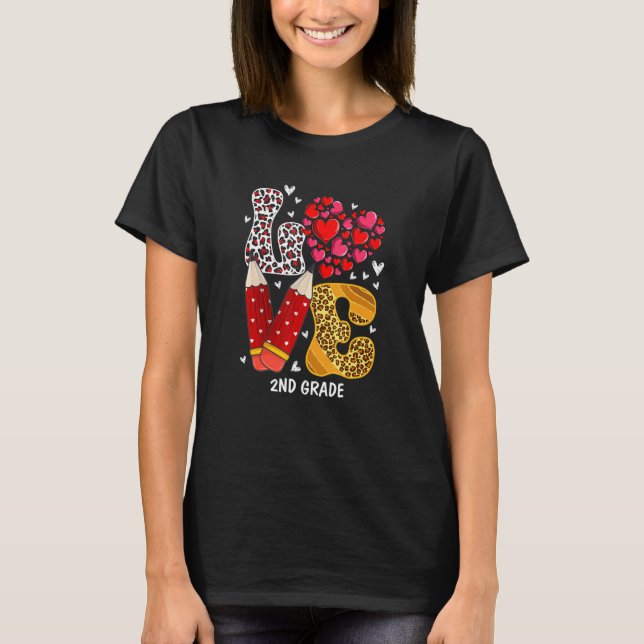 LOVE Heart 2nd Grade Teacher Leopard Valentines Da T-Shirt (Front)