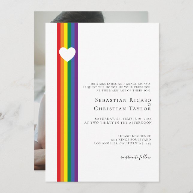 Love Heart and Rainbow Gay Wedding Invitation (Front/Back)