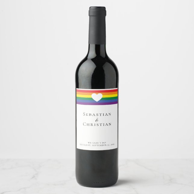 Love Heart and Rainbow Gay Wedding Wine Label (Front)