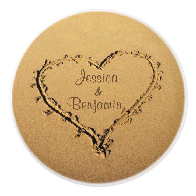 Love Heart at the Beach Personalised Names Ceramic Knob (Front)