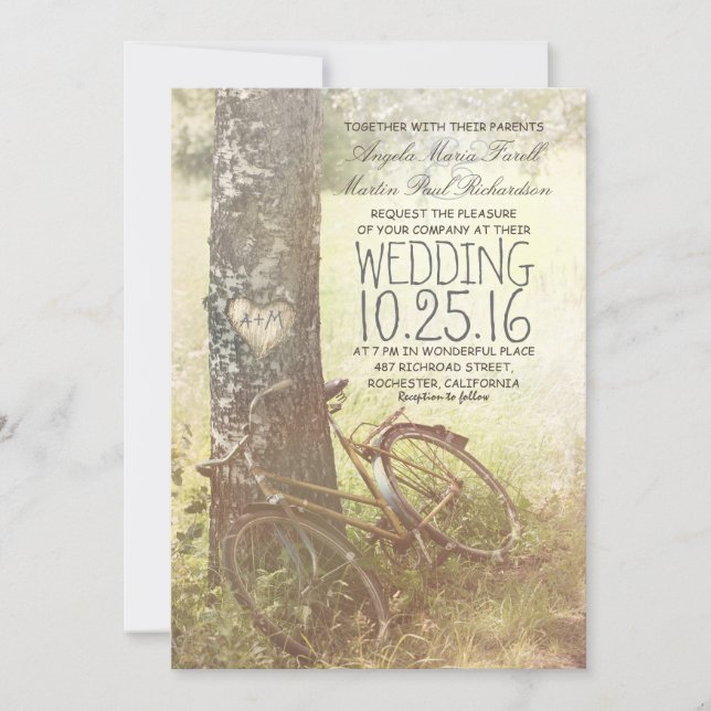 Love heart birch tree and bicycle rustic wedding invitation (Front)