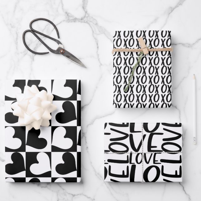 Love Heart Black and White Valentines Wrapping Paper Sheet (Front)