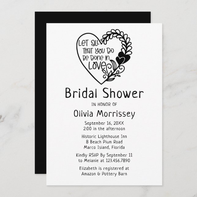 Love Heart Black White Typography Bridal Shower Invitation (Front/Back)