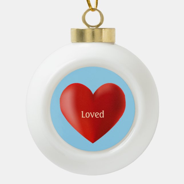 Love heart & calligraphy on sky blue ceramic ball christmas ornament (Front)