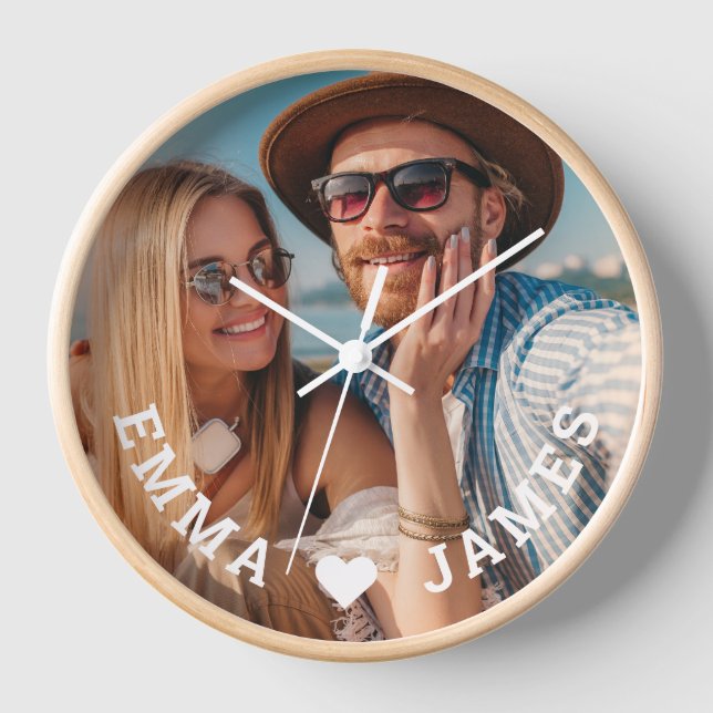 Love Heart Couples Photo Personalised Names Gift Clock (Front)