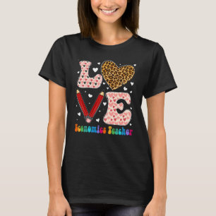 Love Heart Economics Teacher Leopard Plaid Valenti T-Shirt