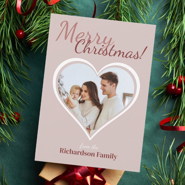 Love Heart Family Photo Christmas Holiday Card (Sending your family or loved one heartfelt wishes in a charming pink theme holiday card.)