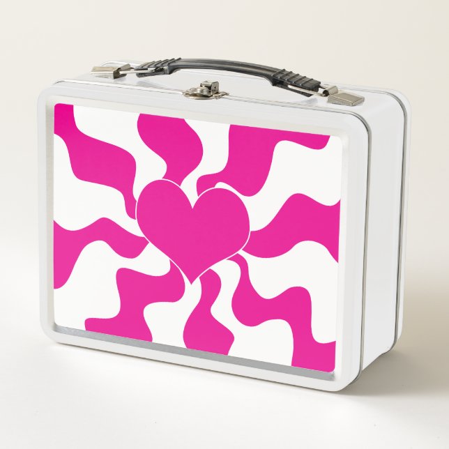 Love Heart in Magenta and White Metal Lunch Box (Front)