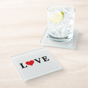 LOVE, Heart, minimalist, text based, typography Glass Coaster