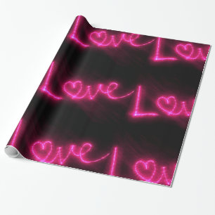 love heart neon hot pink black wrapping paper