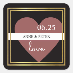love heart on black, with names, wedding square sticker