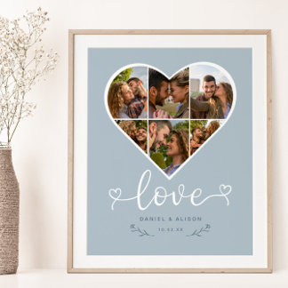Love Heart Photo Collage Grid Couple Blue Poster