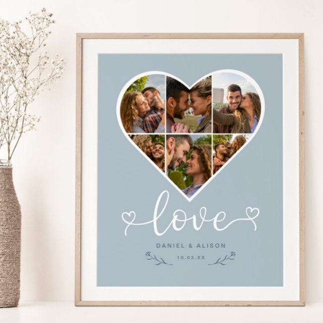 Love Heart Photo Collage Grid Couple Blue Poster (Creator Uploaded)