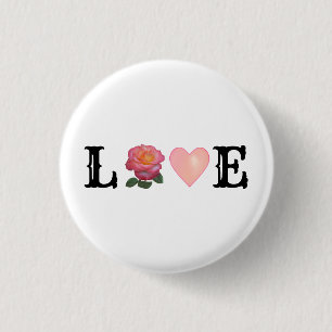 Love Heart & Pink Rose Flower 3 Cm Round Badge