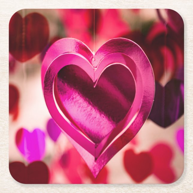 Love Heart Pink Valentines Day Anniversary Square Paper Coaster (Front)