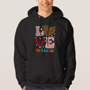 Love Heart Pre K Teacher Leopard Plaid Red Valenti Hoodie