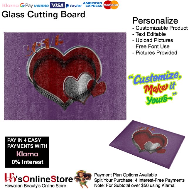Love Heart Purple Kitchen Cooking Glass  Cutting Board (Love Heart Purple Cooking Glass Cutting Board.)