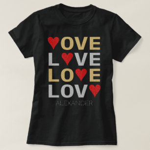 Love Heart Red Gold Silver Glitter Customized Name T-Shirt