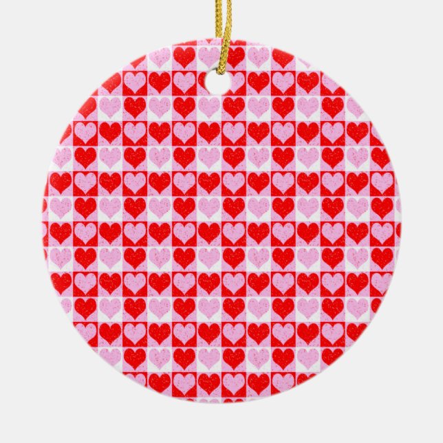 Love Heart Red Pink and White Check Pattern Ceramic Tree Decoration (Front)