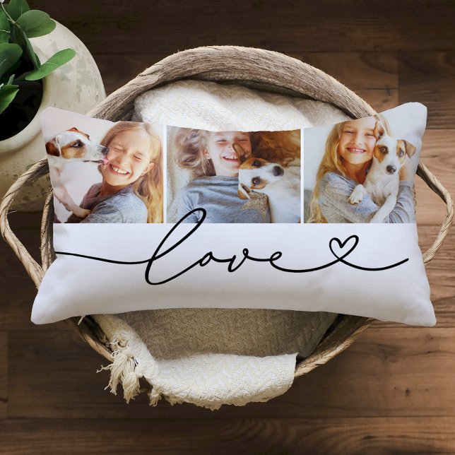 Love Heart Script 3 Photo Collage Lumbar Cushion (Creator Uploaded)