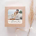 Love Heart Script Custom Soft White Wedding Square Sticker<br><div class="desc">Custom wedding envelope seal / favour stickers feature a favourite photo with minimal white "Love" typography overlay design that includes flourish and heart details. Note,  the soft white / light ivory coloured background and white text can be customised. A sweet personalised accent for wedding stationery and favours.</div>