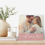 Love Heart Script Dusty Rose Photo Plaque<br><div class="desc">A romantic dusty rose plaque sign featuring "Love" in delicate white calligraphy script with a heart flourish, layered over a single custom photo. The soft rose pink colour band adds a feminine, romantic accent beneath the image. The photo is fully customisable — a gorgeous keepsake for couples, an anniversary gift,...</div>