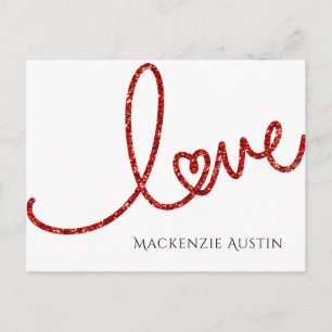 Love Heart Script Modern Red Glitter Valentine Holiday Postcard