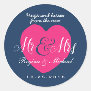 Love Heart Script Mr and Mrs Wedding Favour Sticke Classic Round Sticker
