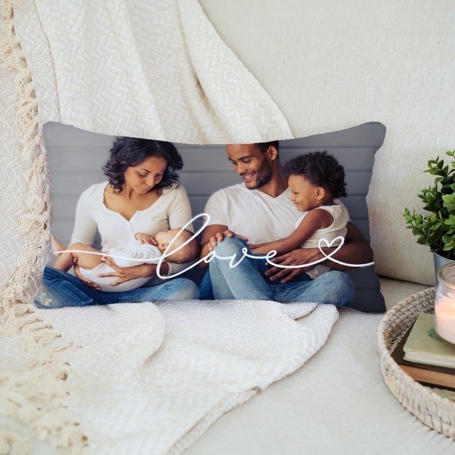 Love Heart Script Photo White Text Lumbar Cushion (Creator Uploaded)
