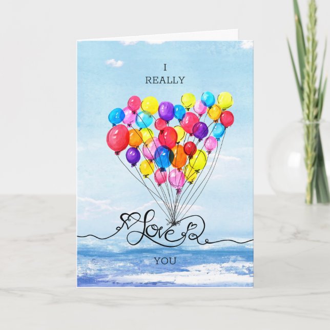 Love Heart Sea Valentines BALLOON watercolor Holiday Card (Front)