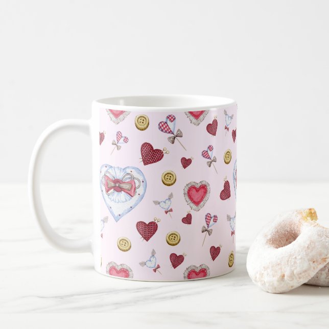 Love Heart Sewing Watercolor            Coffee Mug (With Donut)