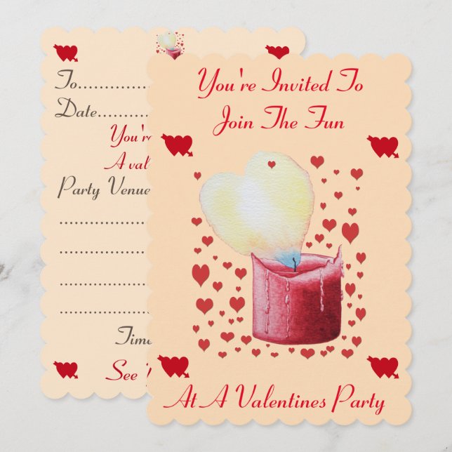 love heart shaped flame red candle valentines invitation (Front/Back)
