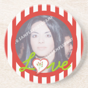Love heart stripes Valentine's Day photo coaster