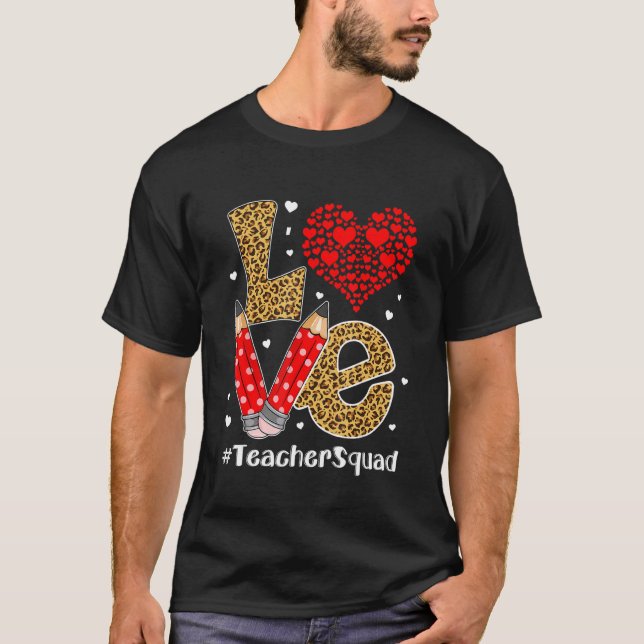 Love Heart Teacher Squad Plaid Leopard Red Valenti T-Shirt (Front)