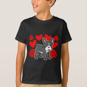 Love Heart Valentines Day Roses French Bulldog Bo  T-Shirt