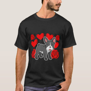 Love Heart Valentines Day Roses French Bulldog Bo  T-Shirt