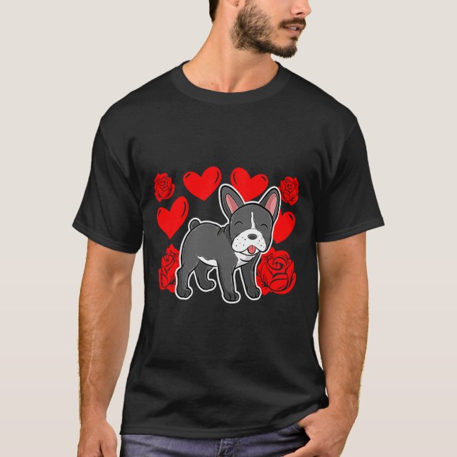 Love Heart Valentines Day Roses French Bulldog Bo  T-Shirt (Front)