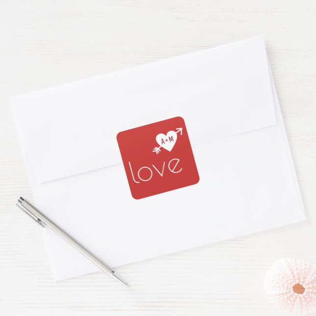 Love heart with arrow wedding red  square sticker (Envelope)