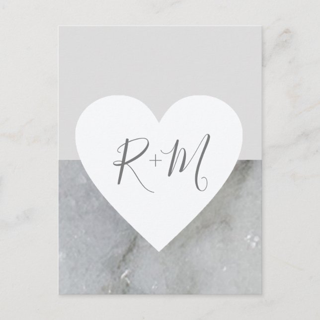 love heart with initials wedding marbled grey announcement postcard (Front)
