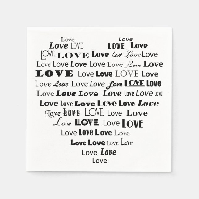 Love Heart Word Cloud - Black and White Napkin (Front)