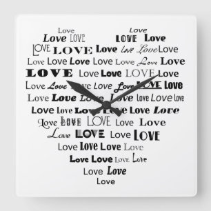 Love Heart Word Cloud - Black on White Square Wall Clock