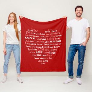 Love Heart Word Cloud - White on Dark Red Fleece Blanket