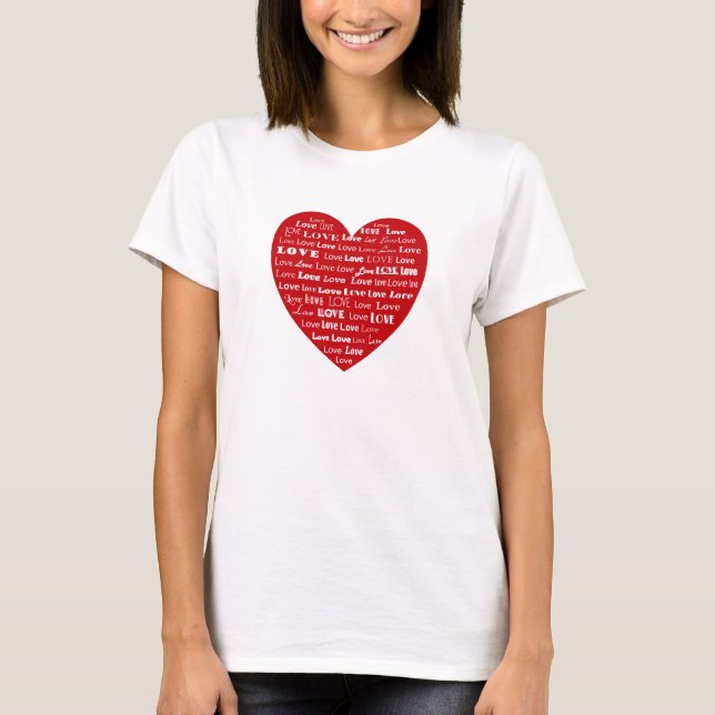 Love Heart Word Cloud - White on Dark Red T-Shirt (Front)