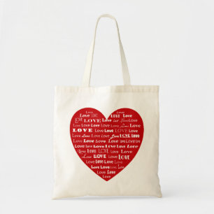 Love Heart Word Cloud - White on Dark Red Tote Bag
