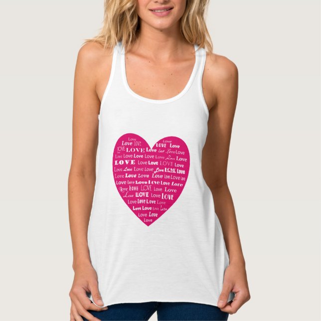 Love Heart Word Cloud - White on Fuchsia Pink Singlet (Front)